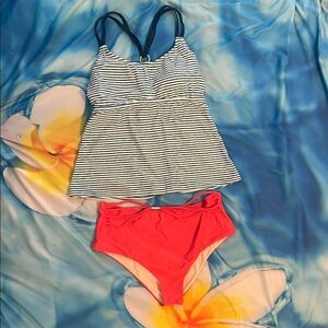 Striped Tankini Top and Coral Bikini Bottom Set